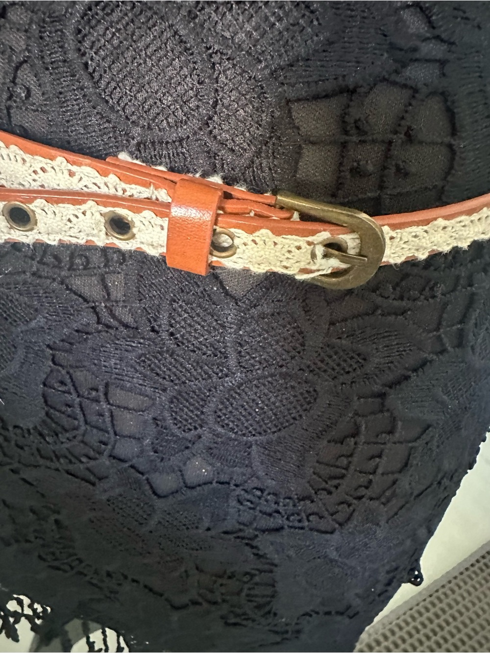 Tan Lace-Trim Women’s Waist Belt with Antique Gold Buckle 40” length